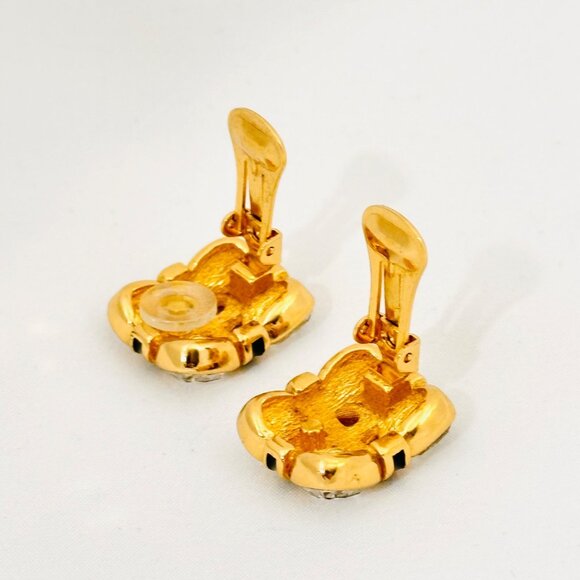 Vintage Christian Dior Gold Tone Faceted Rhinestone/Black Enamel Clip Earrings - Picture 6 of 9